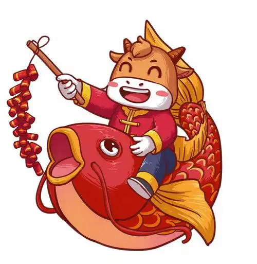 2021牛年卡通牛骑在红鲤鱼锦鲤身上171271png图片免抠素材