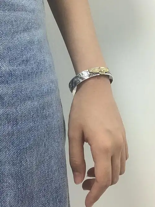 高桥吾郎goro s纯银飞鹰手镯男泰银复古唐草平打浮雕花纹手环实心