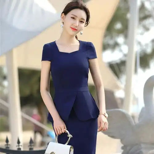 蓝色短袖西装职业装套装上班气质夏天美容店农行工作服女休闲套裙