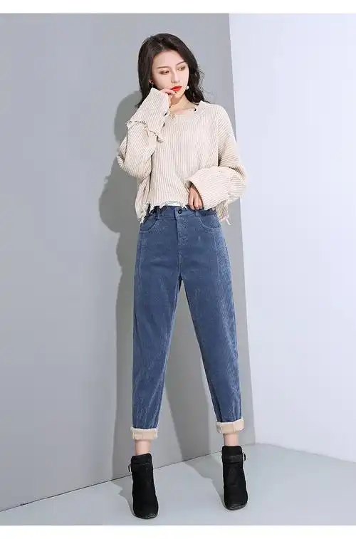 加绒老爹裤女裤宽松条绒哈伦裤加厚高腰萝卜裤灯芯绒九分休闲裤潮