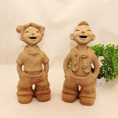 摆件手工陶艺人物陶土男孩女孩酒店装饰粗陶人娃娃泥人