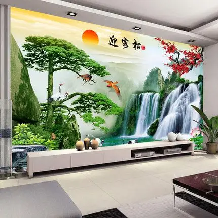 艺舍壁画中式迎客松墙画客厅山水画壁纸梅花装饰画3d背景墙纸壁布
