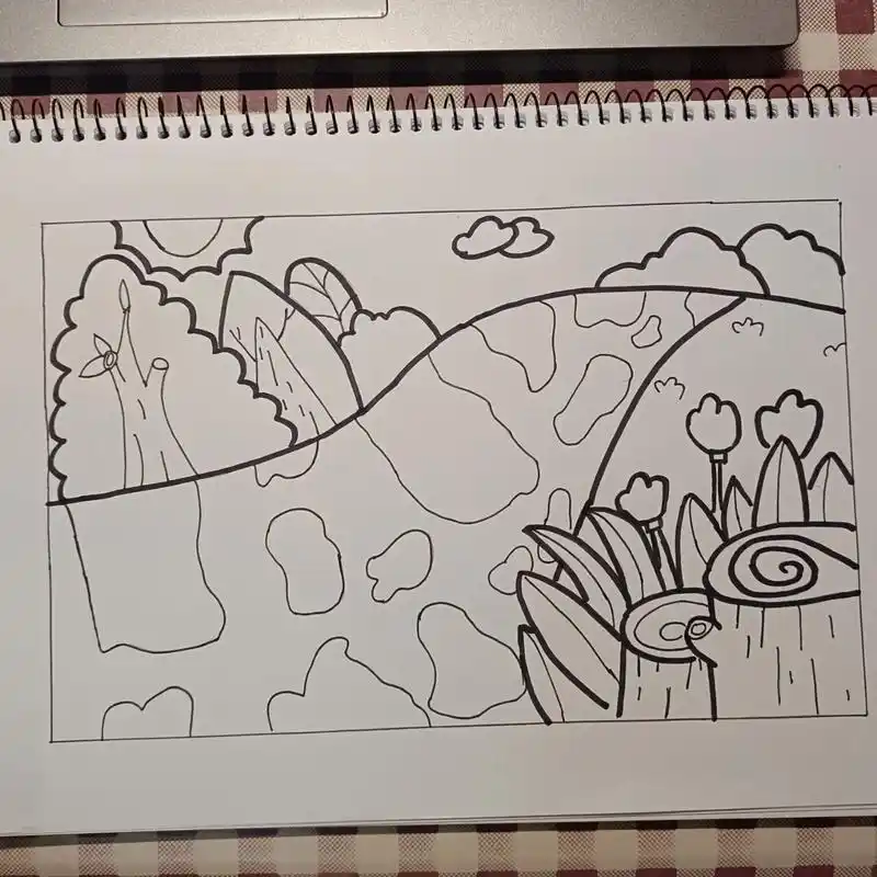 临摹一副s型构图的儿童画,线搞图的原作者没有上色,我简单上色了一下