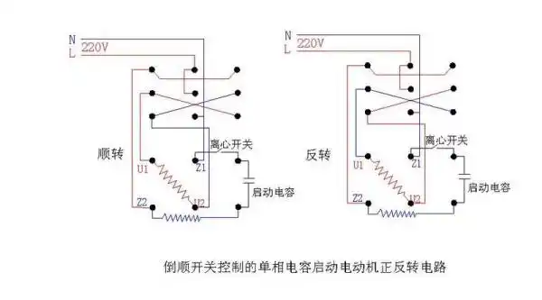 倒顺开关控制单相电机接线图