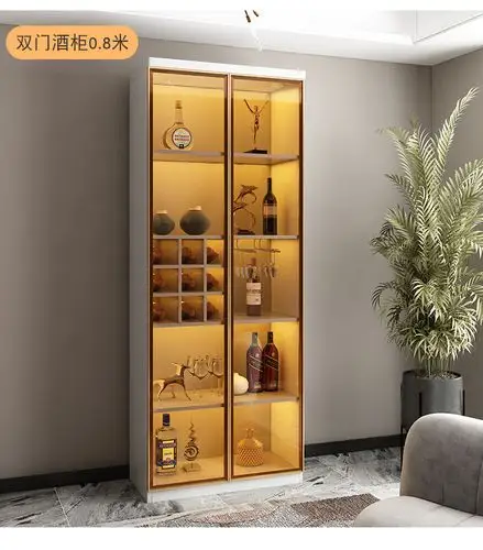 玻璃酒柜靠墙客厅酒柜现代简约餐边柜酒柜一体轻奢酒柜收藏柜黑色八门