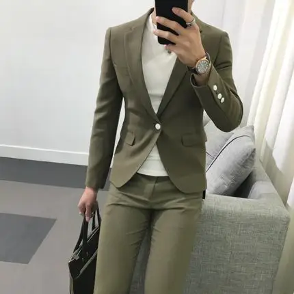 2017韩国春款一粒扣休闲时尚西服男纯色修身小西装两件套装 包邮_8折
