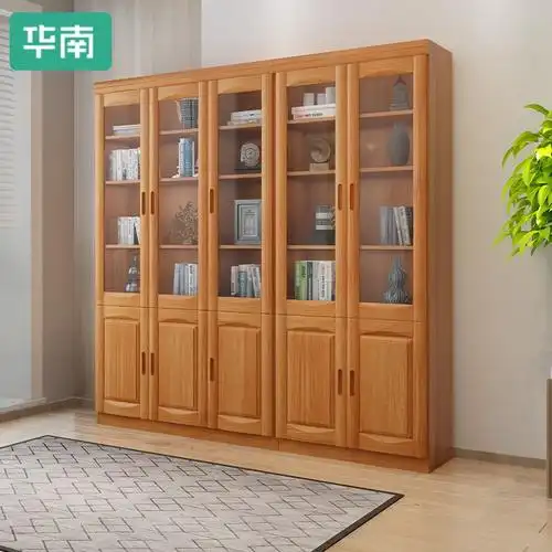 华南家具实木书柜带门现代书房储物家用办公收纳柜子落地置物书架