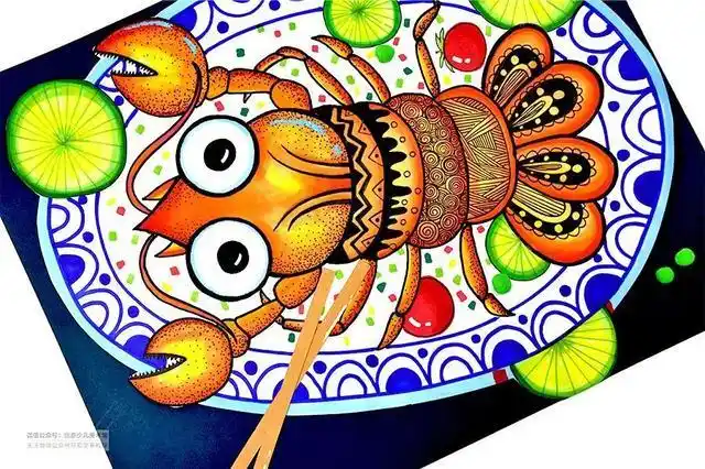 儿童画教程|色彩对比与线描装饰《一盘香喷喷的大龙虾》