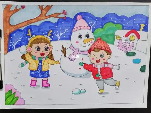 下雪了儿童画雪景冬天下雪场景儿童画素材马克笔儿童画《堆雪人啦》