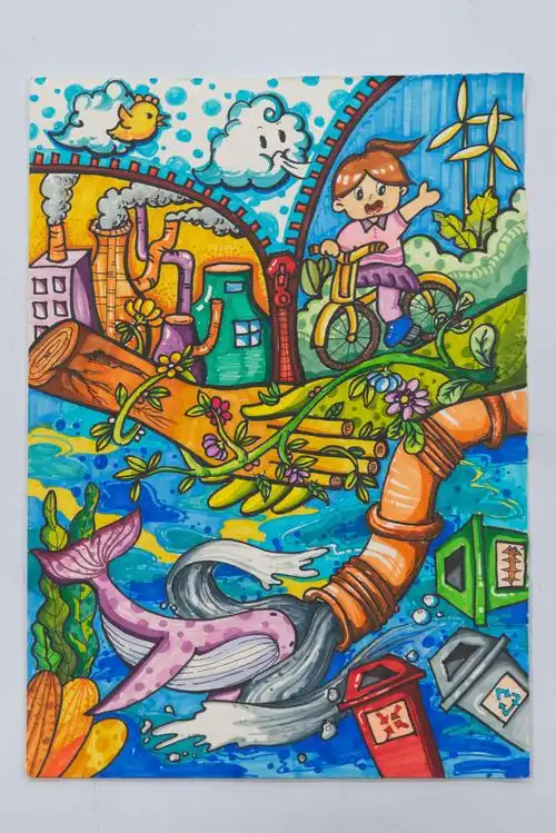与自然握手 携快乐同行 中学生环保主题绘画作品 - 智慧妈咪网