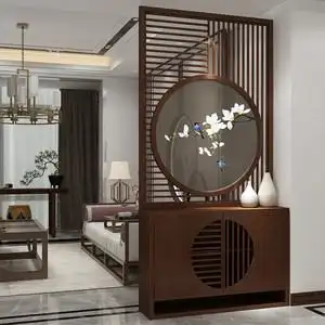 新中式入户玄关柜进门屏风实木隔断客厅门厅间厅刺绣装饰一体鞋柜