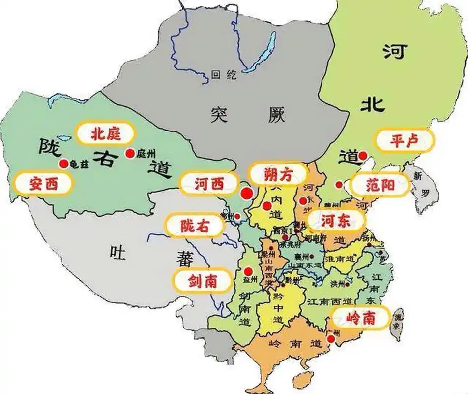 盛唐时期十大节度使兵力布防地图  开元盛世时唐朝疆域得到了很大扩展