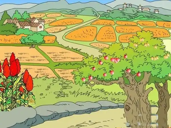 美丽的秋天图片儿童画作品_丰收的田野秋天来了,它是一个丰收的季节