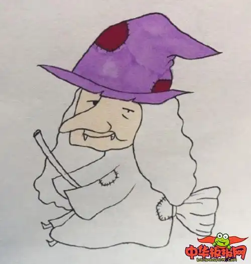 老巫婆简笔画步骤,骑着扫帚的老巫婆