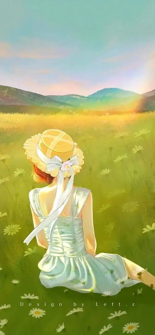 穿裙子戴着草帽坐在地上的女孩背影漫画插画手机壁纸