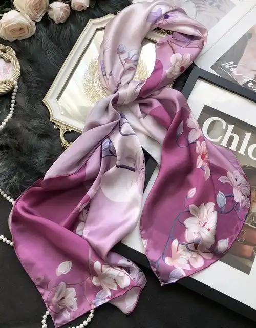 真丝丝巾女百搭桑蚕丝围巾长款妈妈披肩两用紫色玉兰花高档礼盒装