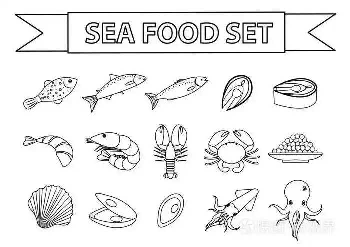 现代,线,涂鸦风格.孤立在白色背景上的海鲜集合.鱼产品图,设计元素