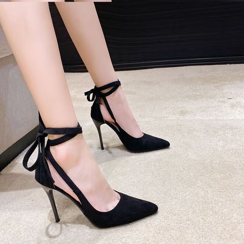 木未辛黑色绑带高跟鞋女细跟尖头性感女神夏季浅口百搭少女绒面外穿大