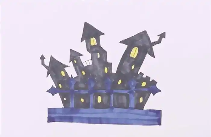 蓝色增加神秘感这样万圣节鬼屋简笔画就画好了万圣节鬼屋怎么画简笔画