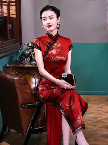 真丝旗袍高端喜婆婆中老年复古妈妈民国风桑蚕丝新中式婚庆礼服 红色