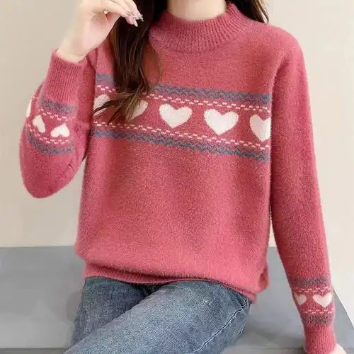 拼色爱心提花设计感毛茸半高领针织衫女秋冬季宽松毛衣内搭打底衫