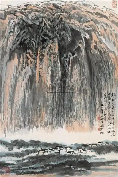 陆俨少 皖南谷仓 立轴 设色纸本