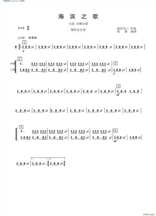 海滨之歌大鼓吊镲分谱铜管乐合奏
