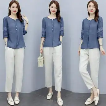 棉麻休闲套装女夏季2022年新款女装洋气减龄小个子妈妈时尚两件套