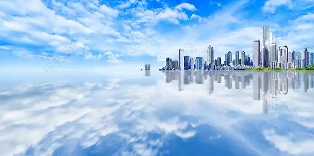 蓝色唯美场景天空云朵城市天空展板背景