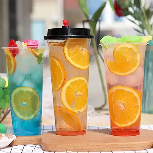 口径一次性奶茶杯子带盖果汁打包塑料透明明光塑杯