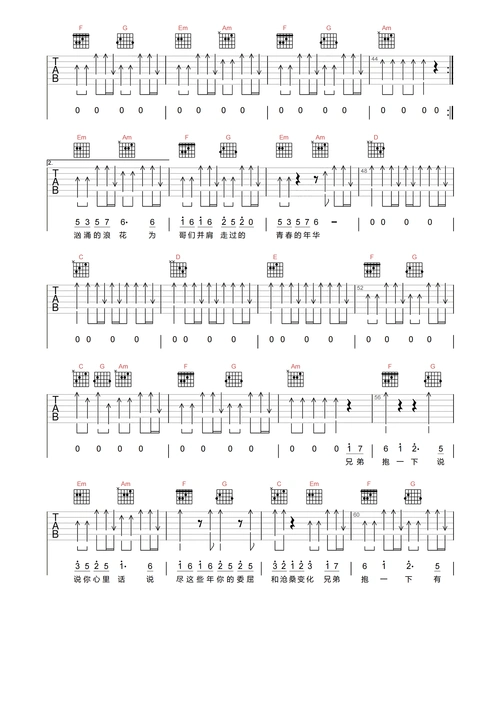 庞龙《兄弟抱一下》吉他谱c调原版_扫弦六线谱