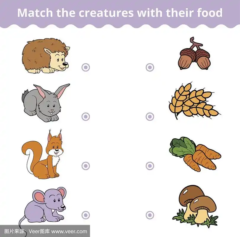 适合儿童,动物和喜爱的食物的配对游戏