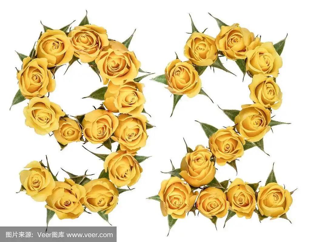 阿拉伯数字92,92,来自玫瑰的黄色花朵,孤立在白色背景上