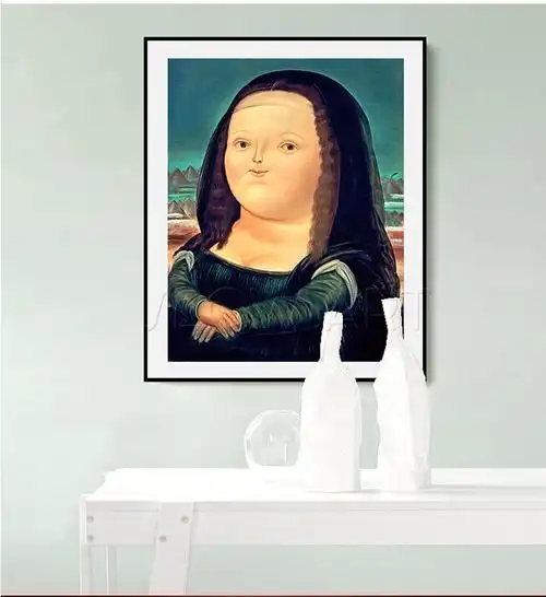 可爱胖版蒙娜丽莎装饰画床头画北欧风画挂画 16 35*50 9mm 高雅布纹膜