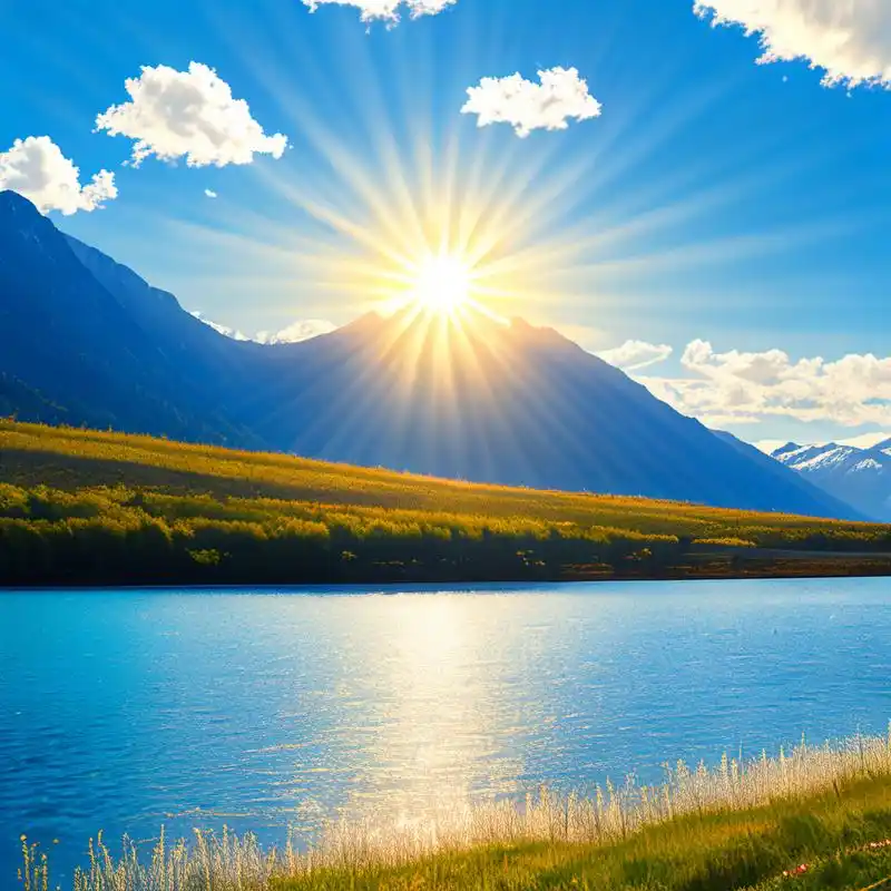 春天阳光明媚,艳阳高照,碧水蓝天,波光粼粼,山清水秀,一片祥和的景象.