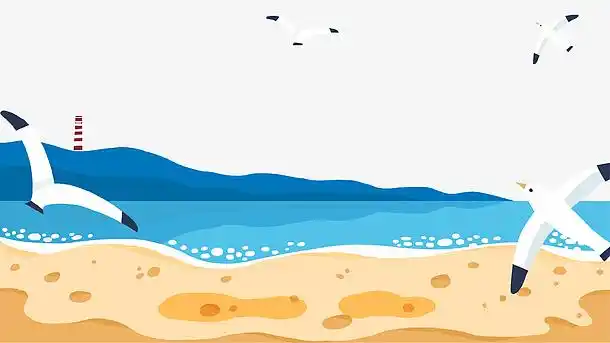 卡通清新海滩风景插画(2268x1276)psdpng海边文艺卡通海星蓝天白云