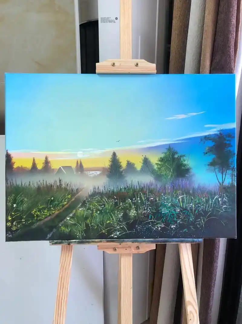 手绘风景油画日出晨雾