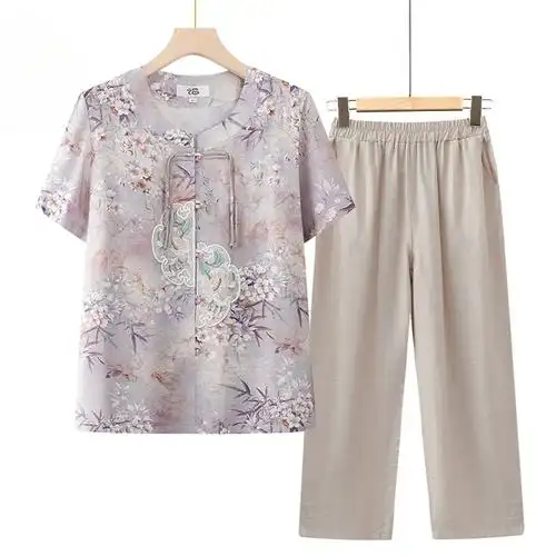 妈妈装中老年人夏装女国风套装妈妈短袖衬衫老人衣服奶奶夏天开衫