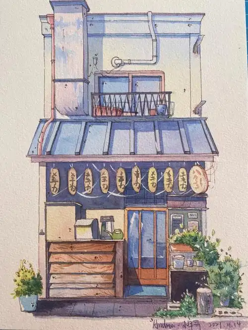钢笔淡彩4100日式居酒屋附过程图