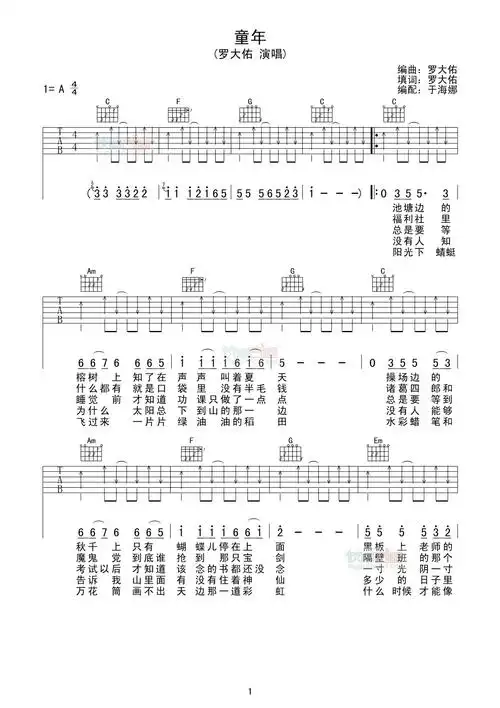 罗大佑童年c调版吉他谱