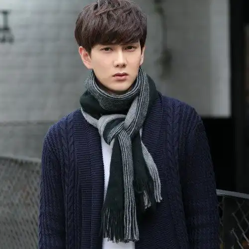围巾男冬季韩版潮百搭简约男士条纹流苏加厚时尚保暖针织毛线围脖_7折