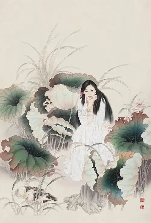【荷花仕女 立轴 设色绢本】拍卖品_图片_价格_鉴赏_绘画_雅昌艺术品