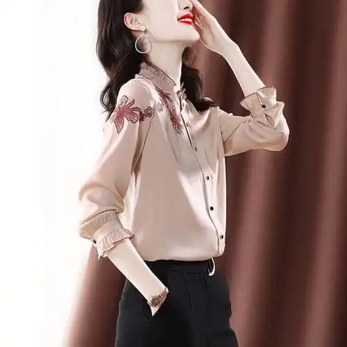 新款时尚气质洋气印花长袖雪纺衫女减龄小衫遮肚显瘦衬衫