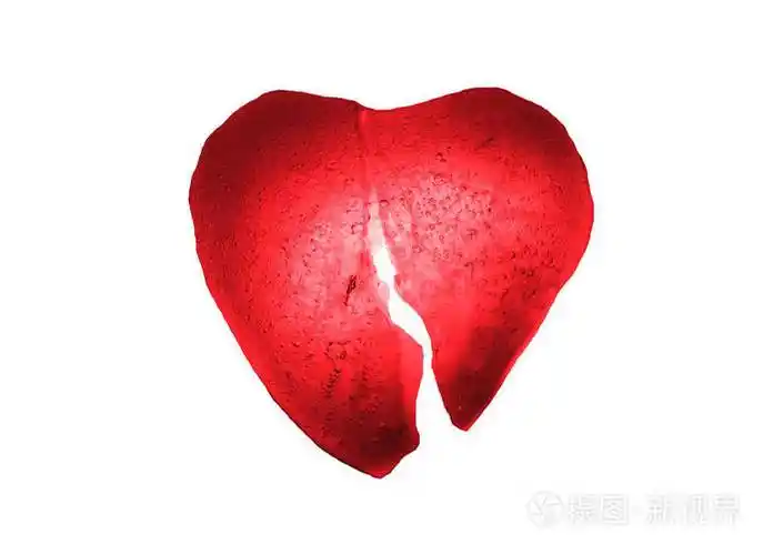 冰冻碎成半个红色的心形符号在白色背景上孤立的特写镜头冰的质地一颗