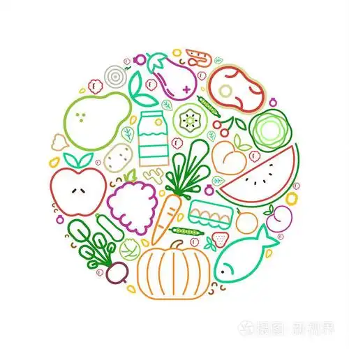 健康饮食或平衡营养概念的食品图标插图. 包括水果,蔬菜,肉类和奶制品