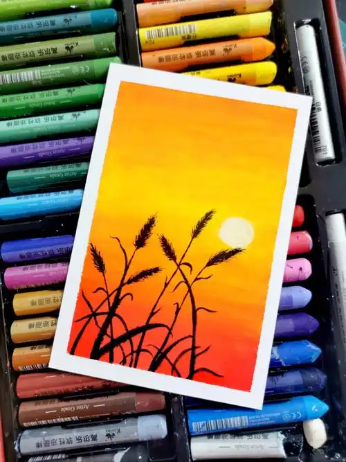 油画棒黄昏日落速涂风景小画