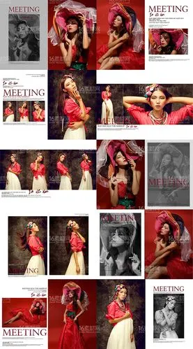 复古红色超大帽子夸张杂志封面大片美女写真个人写真画册图册排版写真