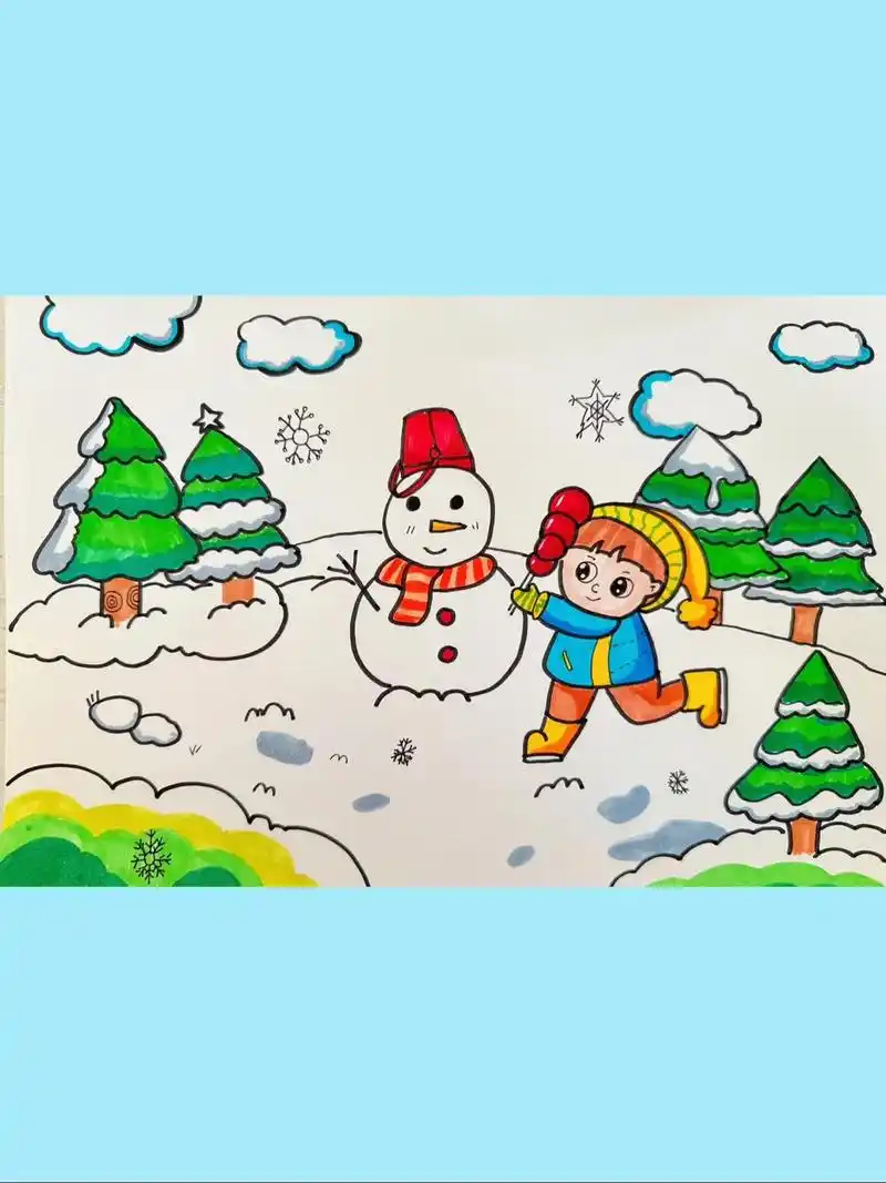 马克笔儿童画《冬天》《堆雪人》#学前教育 以冬天为主题的儿童 - 抖