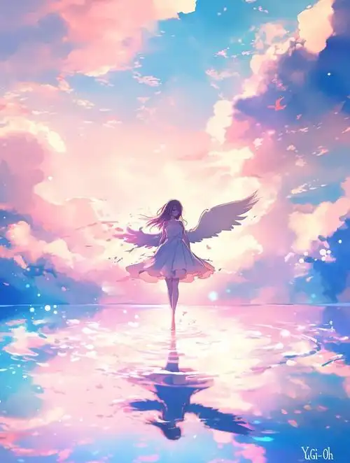 动漫女孩云上漫步,彩虹背景梦幻壁纸