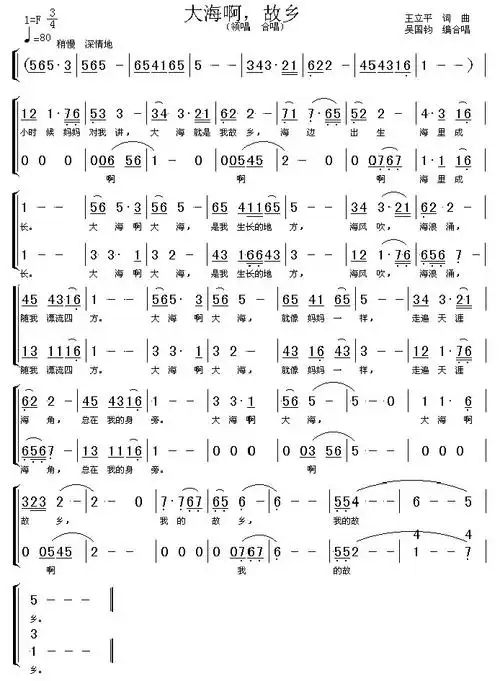 【大海啊故乡简谱】大海啊故乡(高清晰图)简谱